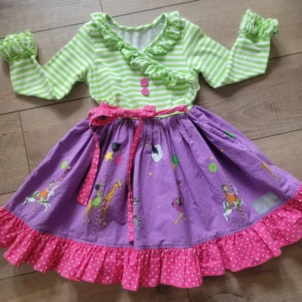 Eleanor Rose Girls Carousel Cotton Striped Ruffle Dress Purple Green Size 5/6